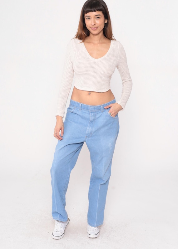 90s Wrangler Jeans Light Blue Straight Leg Cotton Denim Vintage Mens Light Wash Classic Fit Casual Work Western Cowboy Rodeo Pants 38 x 29