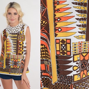 70s Tank Top Mod Blouse Abstract Floral Geometric Checkered Print Sleeveless Shirt Groovy Summer White Yellow Brown Vintage 1970s Medium M