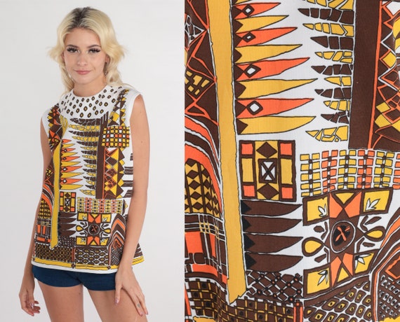 70s Tank Top Mod Blouse Abstract Floral Geometric Checkered Print Sleeveless Shirt Groovy Summer White Yellow Brown Vintage 1970s Medium M