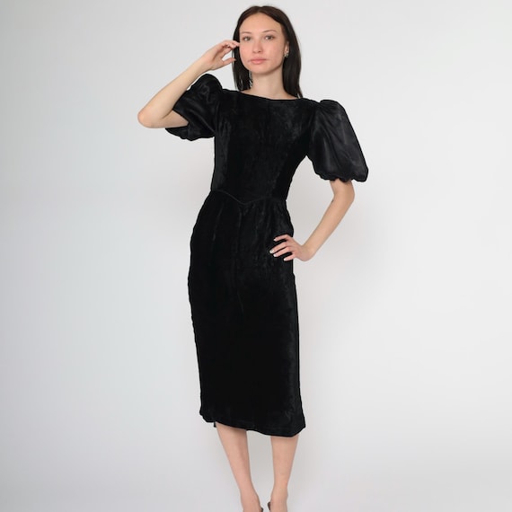 Vintage Velvet Party Dress 80s Gunne Sax Black Satin Puff Sleeve Sheath Formal Evening Gothic Midi High Waist V Back 1980s Extra Small xs
