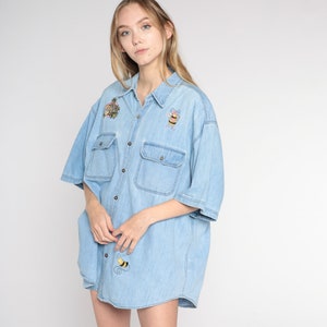 Vintage Embroidered Jean Shirt 90s Denim Button Up Shirt Bumble Bee Bird Blouse Blue Short Sleeve Top Gardening Kawaii 1990s Extra Large xl