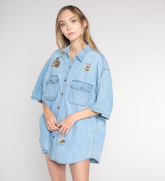 Vintage Embroidered Jean Shirt 90s Denim Button Up Shirt Bumble Bee Bird Blouse Blue Short Sleeve Top Gardening Kawaii 1990s Extra Large xl
