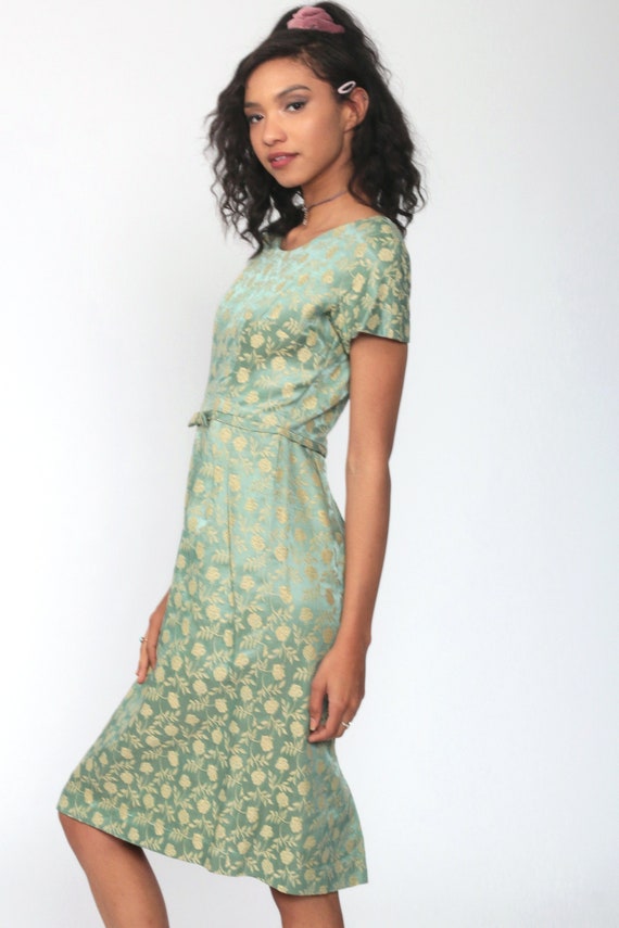 60s Party Dress Mod Green Brocade Dress Leslie Fay Hourglass Sheath 1960s Mad Men Midi Vintage Cocktail Short Sleeve Extra Small xs