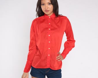 70s Red Button Up Shirt Bright Cherry Red Blouse Long Sleeve Office Wear Valentine's Day Shirt Classic Business Attire Work Small 6