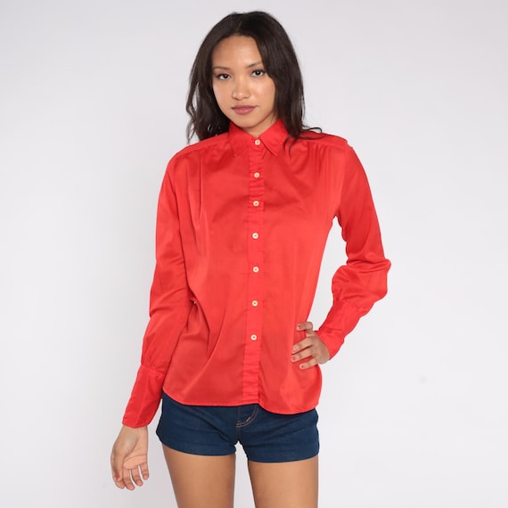 70s Red Button Up Shirt Bright Cherry Red Blouse Long Sleeve Office Wear Valentine's Day Shirt Classic Business Attire Work Small 6