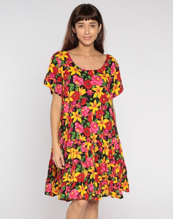 Bright Floral Dress 90s Tropical Flower Print Dre… - image 2