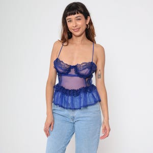 80s Sheer Purple Lingerie Top Vintage Fredericks of Hollywood Lace Camisole Bustier Ruffled Cami Peplum Spaghetti Strap Sexy 1980s Medium M
