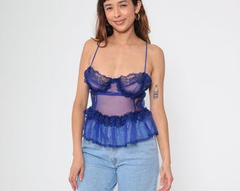 80s Sheer Purple Lingerie Top Vintage Fredericks of Hollywood Lace Camisole Bustier Ruffled Cami Peplum Spaghetti Strap Sexy 1980s Medium M