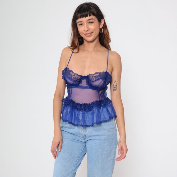80s Sheer Purple Lingerie Top Vintage Fredericks of Hollywood Lace Camisole Bustier Ruffled Cami Peplum Spaghetti Strap Sexy 1980s Medium M