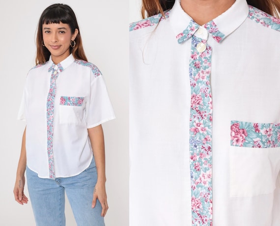 Vintage 90s White Button-Up Blouse with Floral Accents Short Sleeve 1990s Casual Fritzi Petites Medium