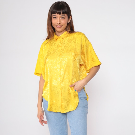 Bright Yellow Floral Blouse 90s Button up Shirt Shiny Embossed Flower Rose Print Top Short Sleeve Bohemian Hippie Retro Vintage 1990s Large