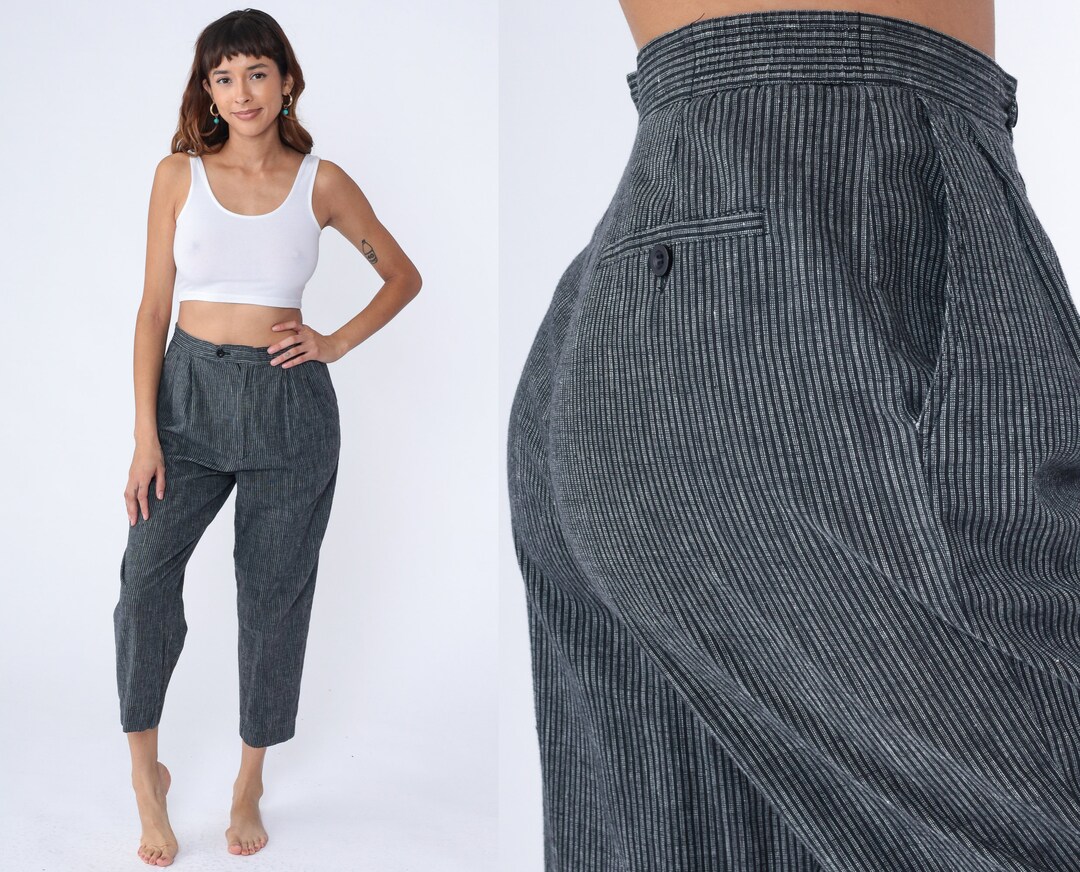 Grey Striped Pants 80s High Rise Trousers Straight Leg Pinstripe Print