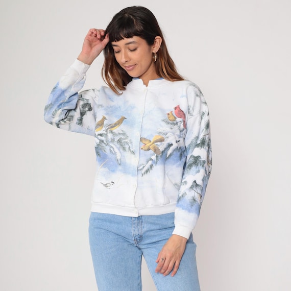 Bird Print Cardigan 90s Winter Cardinal Jacket Button Front Snow Scene Nature Holiday Christmas White Blue Mandarin Collar Medium M