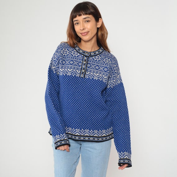 Fair Isle Cardigan LL Bean Y2K Blue White Merino Wool Nordic Pattern Snowflake Vintage Knit Sweater Preppy Classic Winter Cozy Warm Large L