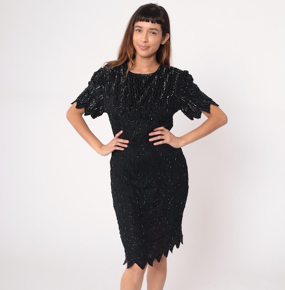 Black Beaded Silk Dress 90s Sequin Cocktail Party Short Sleeve Bodycon Vintage Evening Scalloped Hem Zigzag Detail LBD Formal Medium M