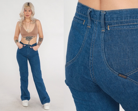 70s Flared Jeans Dark Wash High Waisted Rise Retro Flared Denim Bellbottoms Bootcut Seventies Blue Pants Vintage 1970s Mr. Leggs Small 28