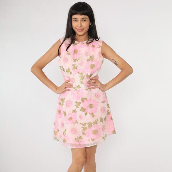 Vintage 60s Floral Mini Dress 1960s Pink Mod Daisy Print Sleeveless Sheer Chiffon Fit and Flare Empire Waist Spring Garden Party Medium 8