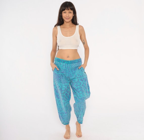 90s Tribal Joggers Teal Purple Abstract Aztec Cuffed Ankle Cotton Pants Surf Beach Baggy Trousers Ego Sportswear Tye Dye Style Medium M