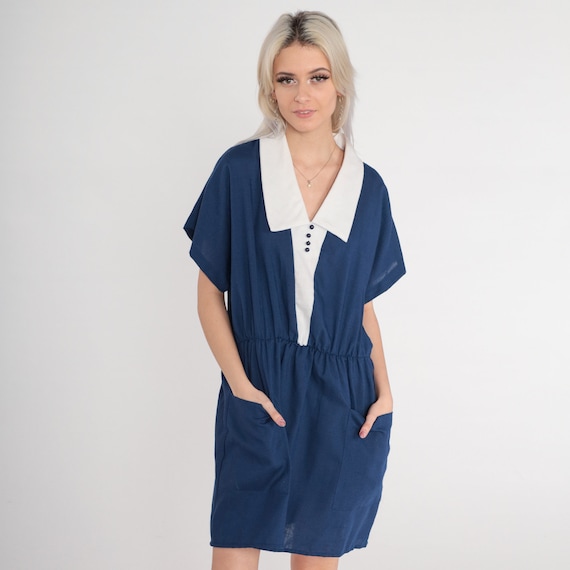 Blue Mini Dress 80s Day Dress White Chelsea Collar Retro High Waisted Collared Preppy Boho Summer Casual Pockets Vintage 1980s Large L