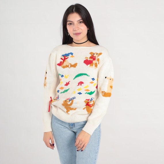 80s Animal Sweater Marching Band Sweater Teddy Bear Heart Possum Slouchy Boho 1980s Vintage Puff Sleeve Kawaii Retro Knit Pullover Medium