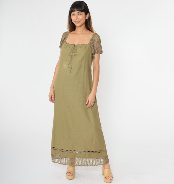 90s Linen Blend Dress Vintage Olive Crochet Cap Sleeve Maxi Boho Cottagecore Peasant Style Straight Cut Cotton Medium 10