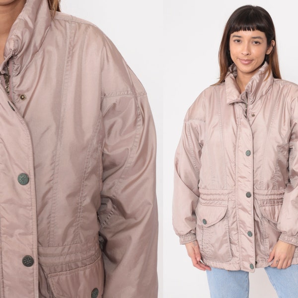 Soft Mauve Puffer Jacket 90s Ski Jacket Embroidered 1990s Puffy Coat Drawstring Waist Pastel Blush Zip Up Plain Winter Coat Nylon Large L