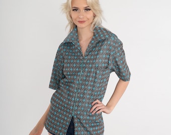 70s Disco Shirt Geometric Tile Print Zip Up Shirt Wing Collar Brown Blue Striped Collared Top Retro Seventies Blouse Vintage 1970s Large L
