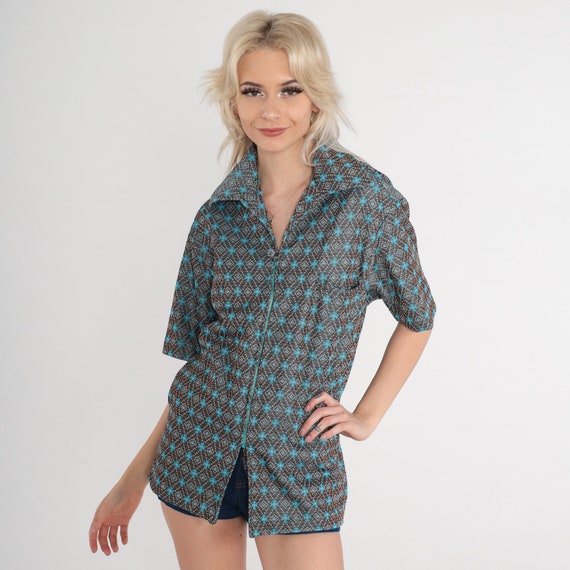 70s Disco Shirt Geometric Tile Print Zip Up Shirt Wing Collar Brown Blue Striped Collared Top Retro Seventies Blouse Vintage 1970s Large L