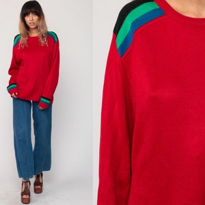 Red Striped Sweater 80s Knit Sweater Slouch Hipster 1980s Jumper Vintage Pullover Retro Large