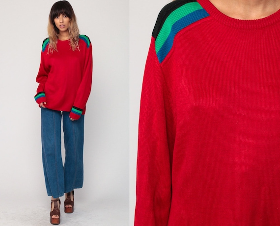 Red Striped Sweater 80s Knit Sweater Slouch Hipster 1980s Jumper Vintage Pullover Retro Large