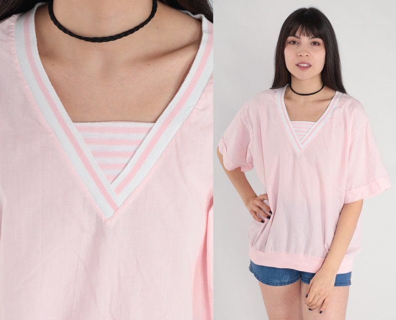 Baby Pink Shirt 80s V-Neck T-Shirt Striped Ringer Tee Short Sleeve Top Retro Basic Girly Pastel Streetwear Banded Hem Vintage 1980s Large L image 1