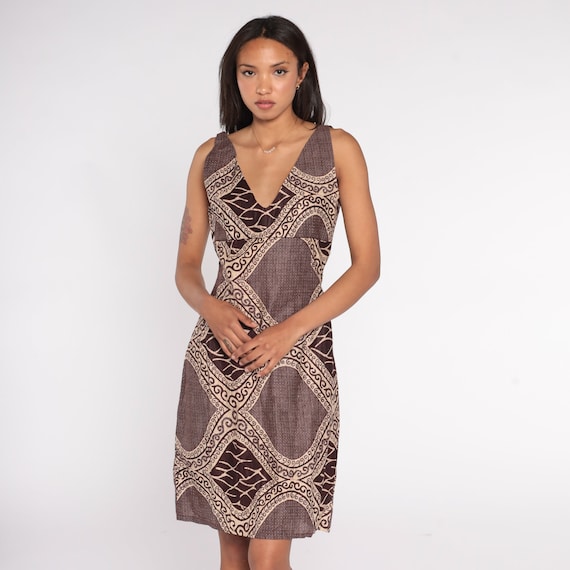 Boho Mini Dress Y2K Batik Sundress Indian Swirl Print Grunge Hippie Sun Empire Waist Bohemian Shift Sleeveless Brown Vintage 00s Small S