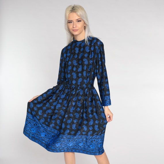 Paisley Dress 80s Black Blue Midi Dress Long Sleeve Mock Neck High Waisted Secretary Dress Geometric Print Modest Vintage 1980s Small S