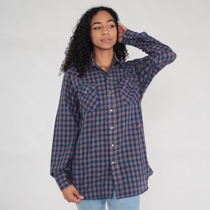 Plaid Western Shirt 80s Blue PEARL SNAP Shirt Button Up Rodeo Shirt Cowboy 1980s Vintage Long Sleeve Rockabilly Red Men&#39;s 16 35 Large