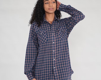 Plaid Western Shirt 80s Blue PEARL SNAP Shirt Button Up Rodeo Shirt Cowboy 1980s Vintage Long Sleeve Rockabilly Red Men's 16 35 Large