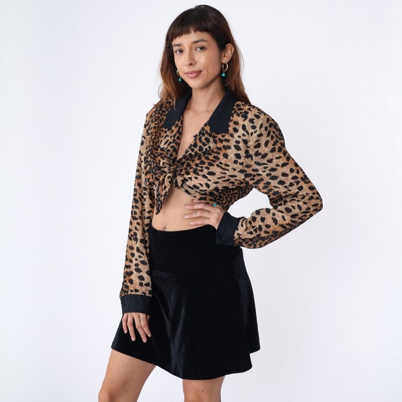 Cheetah Print Crop Top 90s Tie Front Blouse Animal Leopard Jungle Cropped Shirt Long Sleeve Collared Party Glam Sexy Vintage 1990s Large L
