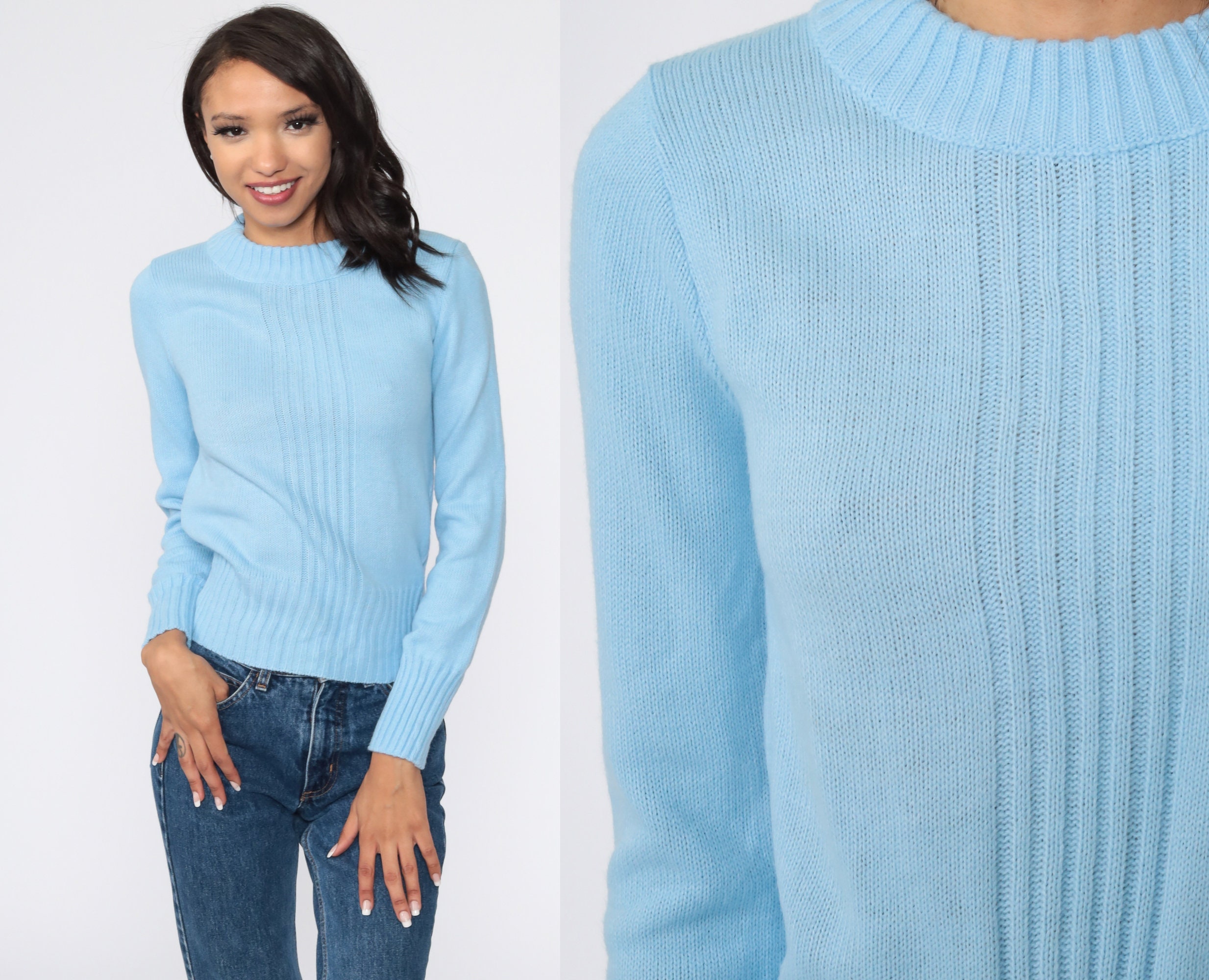 Baby Blue Sweater Ribbed Sweater Light Sweater 70s Sweater Retro 80s Boho Pastel Sweater 