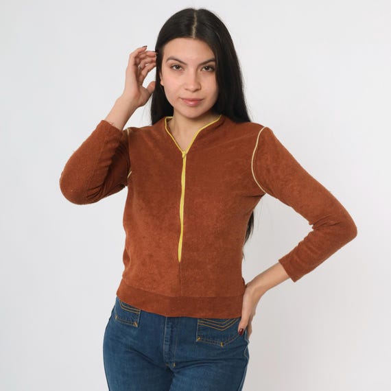 70s Terry Cloth Shirt Vintage Brown Sweater Top Yellow Half Zip 80s Retro Terrycloth Long Sleeve Hippie Boho Slouchy 1970s Extra Small xs