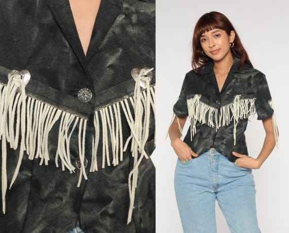 Western Fringe Jacket 90s Black Camo Print Short Sleeve Cropped Blazer Silver Heart Concho Buttons Suede Fringe Statement Piece Small S