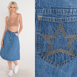 Denim Midi Skirt 80s A-Line Skirt Embroidered Star Pocket High Waisted Rise Retro Streetwear Bohemian Western Vintage 1980s Small