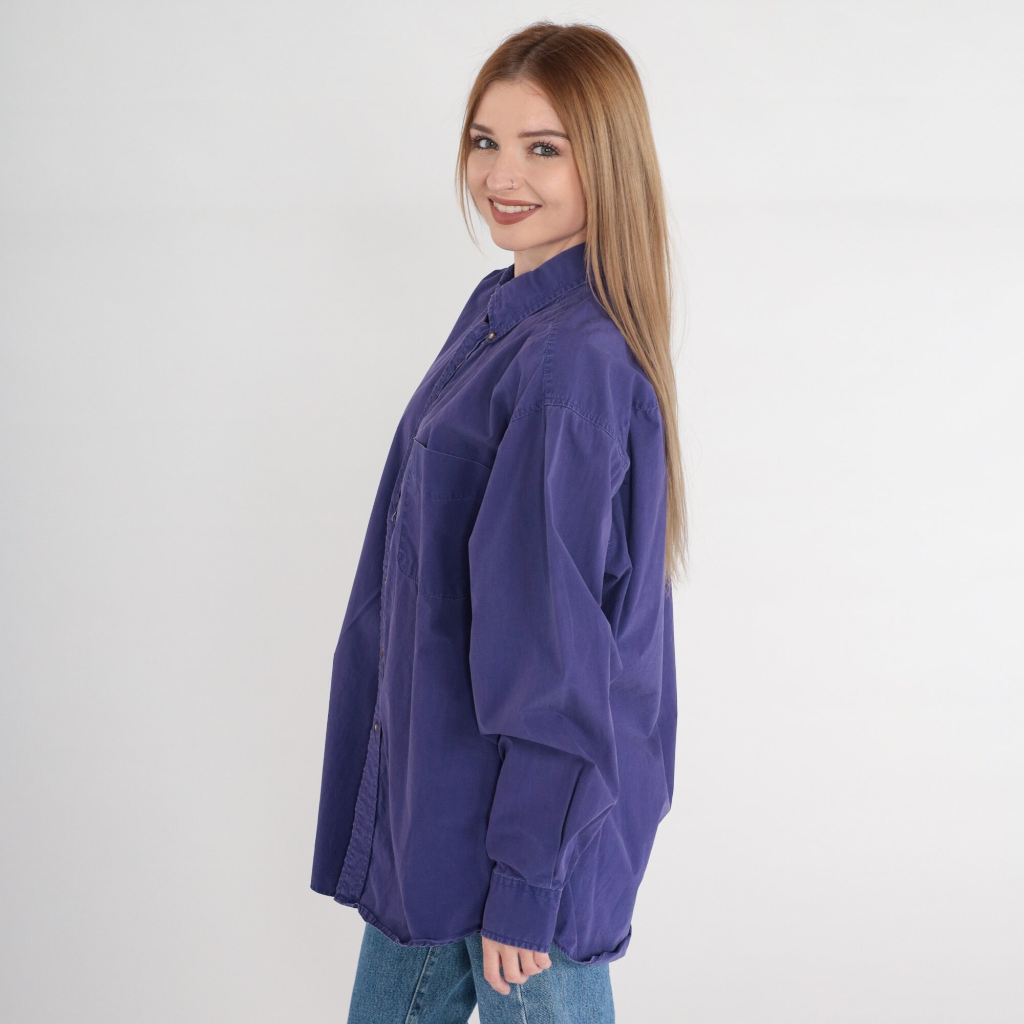 Purple Button up Shirt 90s Cotton Oxford Shirt Long Sleeve Etsy