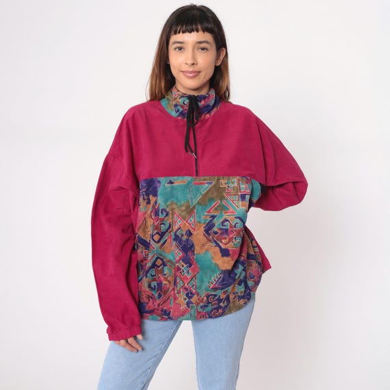 Hot Pink Windbreaker 90s Color Block Geometric Half Zip Jacket Cotton Streetwear Athletic Pullover Track Abstract Pattern Vintage Large L
