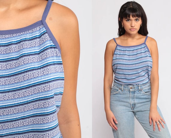 Floral Tank Top Striped Camisole 90s Grunge Shirt Cami 1990s Spaghetti Strap Blue Vintage Large