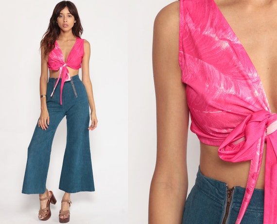Boho Blouse Hot Pink Crop Top Deep V Neck 70s Hippie PLUNGING Neckline Shirt Tie Waist 1970s Vintage Bohemian Plunge Neck Medium Large