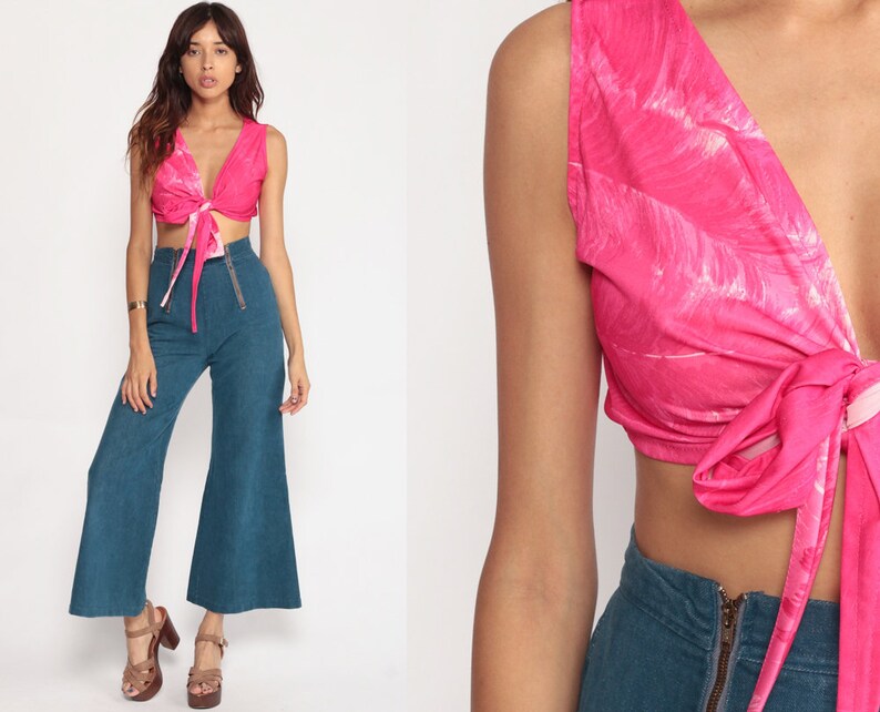 Boho Blouse Hot Pink Crop Top Deep V Neck 70s Hippie PLUNGING Neckline Shirt Tie Waist 1970s Vintage Bohemian Plunge Neck Medium Large