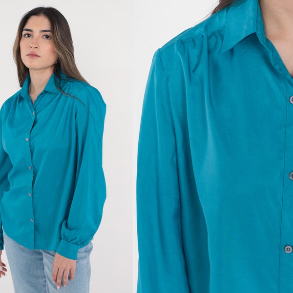 Blue Blouse 80s Button Up Top Silky Draped Formal Preppy Collared Shirt Plain Long Sleeve Simple Basic Vintage 1980s Lady Manhattan Large