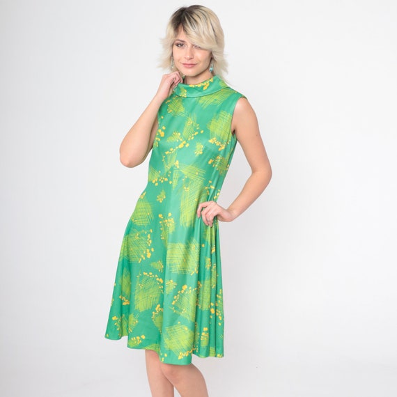 70s Abstract Floral Dress Green Mock Neck Midi Boho Emilio Borghese Sleeveless Vintage 1970s High Waist A-Line Dress Bohemian Small Medium