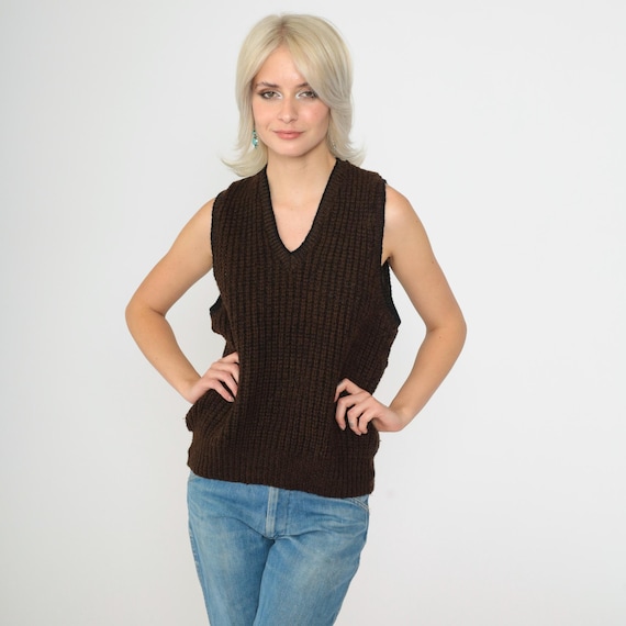 Vintage Brown Wool Sweater Vest 80s Ribbed Knit Top Retro Sleeveless V Neck Dark Academia Preppy Pullover Basic Plain Knitwear 1980s Small S