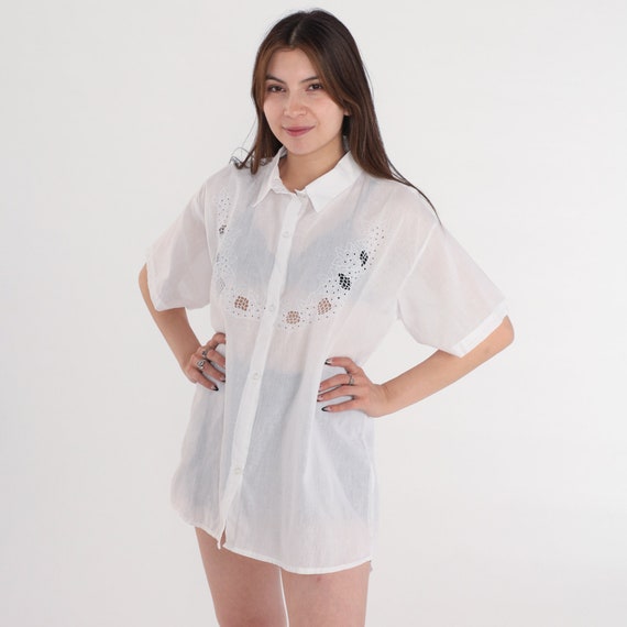 Floral Cut Out Top 90s Semi-Sheer White Button up Blouse Flower Embroidery Cutout Bohemian Summer Hippie Shirt Vintage 1990s Extra Large xl