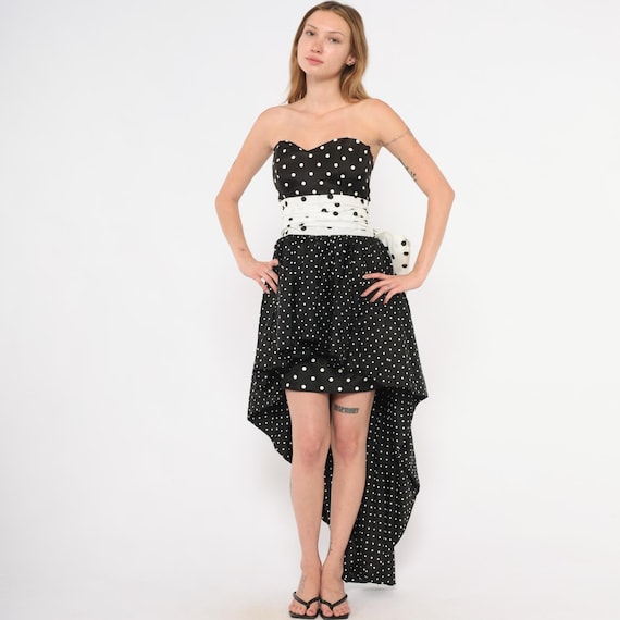 80s Polka Dot Gown Gunne Sax Strapless Sweetheart Neckline Black White Bow Back Party Dress Jessica McClintock Prom Evening Extra Small XS